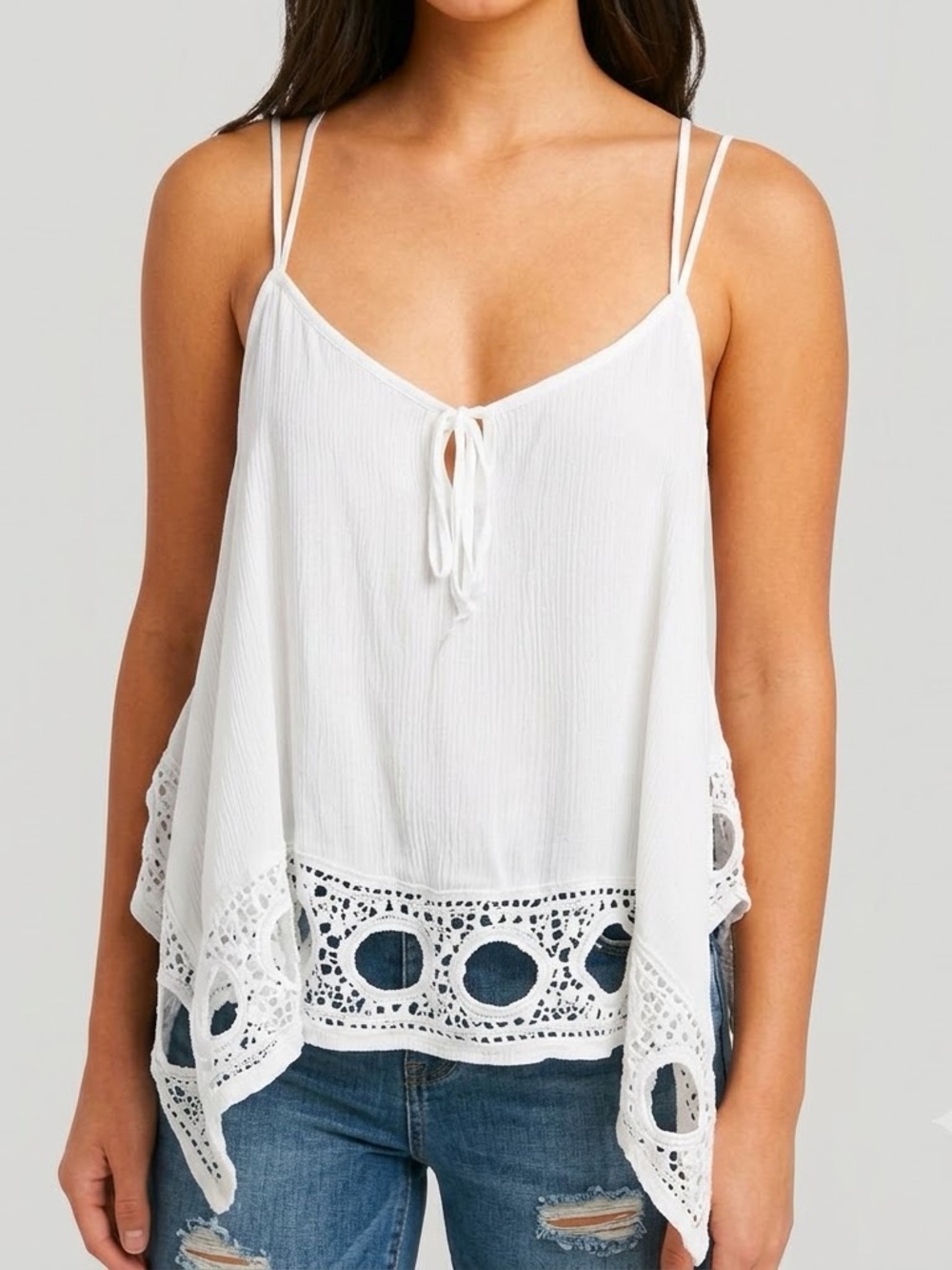 RAGA White Crochet-Hem Double-Spaghetti Strap Tie-Front Camisole